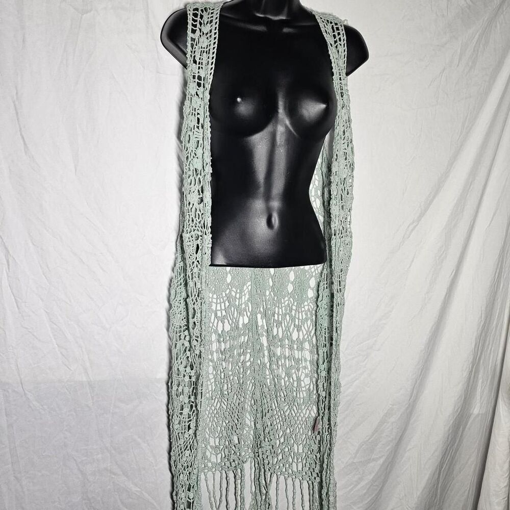 retro y2k 90s boho whimsical crochet sage green long sleeveless cardigan